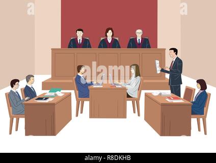 Judges court concept, courtroom scene with judge, lawyers, witness. the judiciary vector illustration. 002 Stock Vector