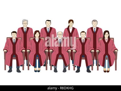 Judges court concept, courtroom scene with judge, lawyers, witness. the judiciary vector illustration. 001 Stock Vector