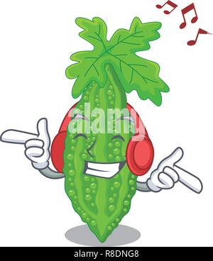 Listening music bitter melon character on vegetables fresh Stock Vector