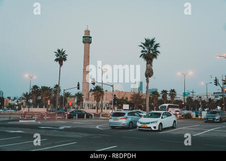 Tel aviv. Israel. October 21, 2018: Spring Tel Aviv promenade. Arab mosque and minaret against a blue sky in the evening Stock Photo