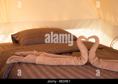 Greeting in hotel room towels in swan shapes, Towel art, maid service. Stock Photo