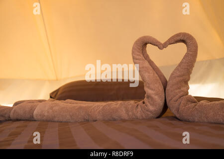 Greeting in hotel room towels in swan shapes, Towel art, maid service. Stock Photo