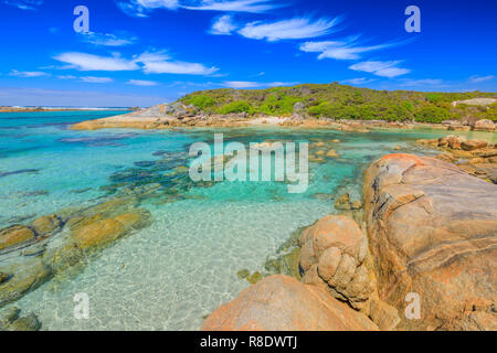 William Bay National Park, Denmark region, Western Australia. Tropical turquoise waters of Madfish Beach surrounded by rock formations. Sunny blue sky. Popular summer destination in Australia. Stock Photo