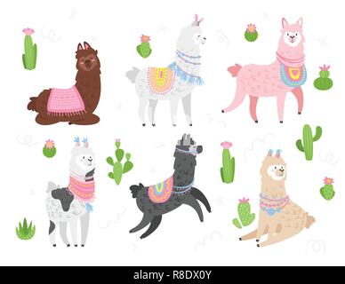 Cute lama set. Colorful Alpaca animal with traditional knitted decorations. Vector illustration, isolated on white background with cactus. Design for  Stock Vector