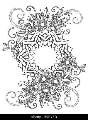 Floral mandala pattern in black and white. Adult coloring book page with flowers and mandalas. Oriental pattern, vintage decorative elements. Hand drawn vector illustration Stock Vector