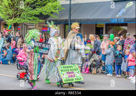 McMinnville, Oregon,USA - May 16, 2015: Portland's Marching Band, LoveBomb Go-Go, puts on a show at the Annual UFO Fest. Brass section of band perform Stock Photo