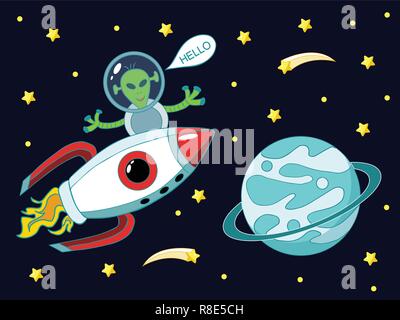 alien flying on a rocket into space next to the planet and screaming hello Stock Vector