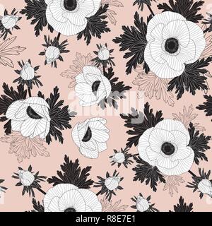 Floral seamless vector pattern with beautiful anemone flowers on pink background. Stock Vector