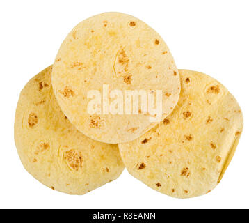 Three empty wheat tortilla flat lay top view isolated on white background Stock Photo