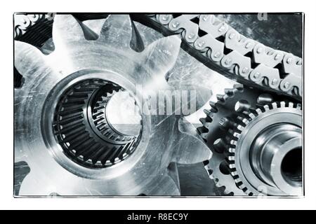 Gears and cogs made of titanium and used in the aerospace industry. Stock Photo