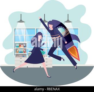 businesswomen with rocket in living room Stock Vector