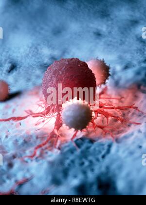 Illustration of a cancer cell being attacked by white blood cells. Stock Photo