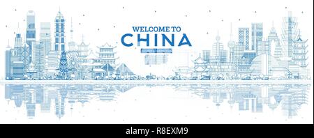 Outline China Skyline with Blue Buildings and Reflections. Famous Landmarks in China. Vector Illustration. Business Travel and Tourism Concept Stock Vector
