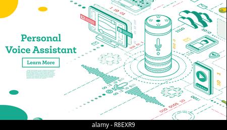 Personal Voice Assistant. Isometric Smart Speaker. Vector Illustration. Voice Activated Digital Assistant. Connections to Different Digital Devices. Stock Vector