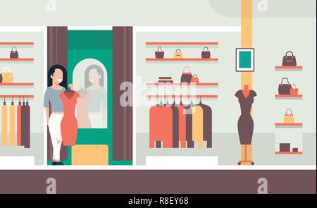 business woman trying on new dress elegant woman looking at mirror fashion shop female clothes market modern shopping mall interior flat horizontal Stock Vector