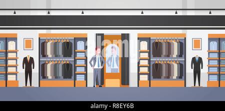 businessman trying on new business suit elegant man looking at mirror fashion shop male clothes market modern shopping mall interior flat horizontal Stock Vector
