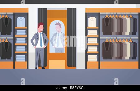 businessman trying on new business suit elegant man looking at mirror fashion shop male clothes market modern shopping mall interior flat horizontal Stock Vector