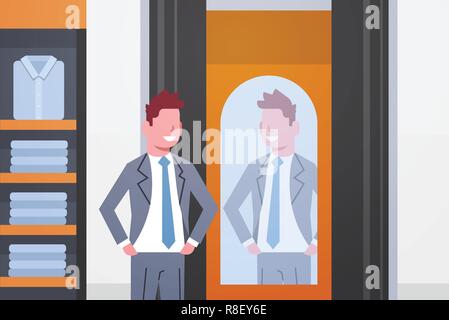 businessman trying on new business suit elegant man looking at mirror fashion shop male clothes market modern shopping mall interior flat horizontal Stock Vector