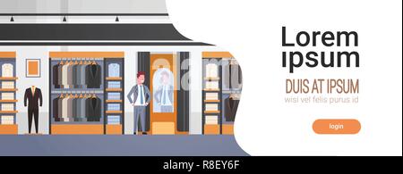 businessman trying on new business suit elegant man looking at mirror fashion shop male clothes market modern shopping mall interior flat horizontal copy space Stock Vector