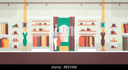 business woman trying on new dress elegant woman looking at mirror fashion shop female clothes market modern shopping mall interior flat horizontal Stock Vector