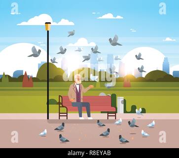 senior man feeding flock of pigeon sitting wooden bench urban city park cityscape background horizontal flat Stock Vector