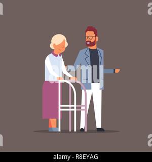 Helping elderly people flat vector illustration. Young man, social ...