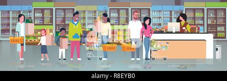 retail woman cashier at checkout supermarket mix race customers holding basket with food standing line queue shopping concept grocery market interior flat horizontal Stock Vector