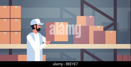 storekeeper warehouse worker puts cardboard box on shelf man courier collects parcels storehouse interior male cartoon character portrait flat horizontal Stock Vector