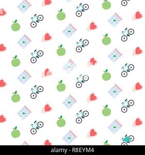 fresh apple check list heart bicycle icon healthy lifestyle concept seamless pattern healthcare medical service logo medicine and health symbol flat Stock Vector