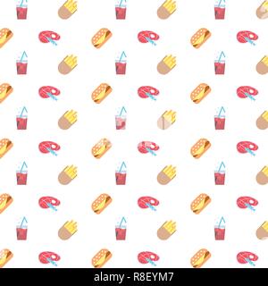 fastfood sign french fries burger syringe injection hormone manipulation piece of meat alcohol cocktail icon seamless pattern unhealthy food concept flat Stock Vector