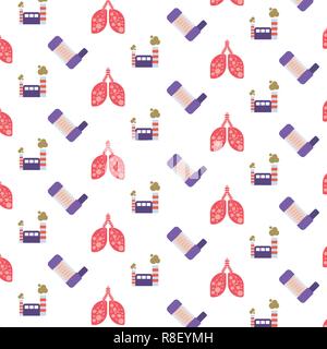 human lungs anesthesia breathing machine or ventilator icon healthcare medical service logo factory pipe air pollution concept flat seamless pattern Stock Vector