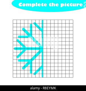 Complete the picture, snowflake in cartoon style, drawing skills training, educational paper game for the development of children, kids preschool activity, printable worksheet, vector illustration Stock Vector