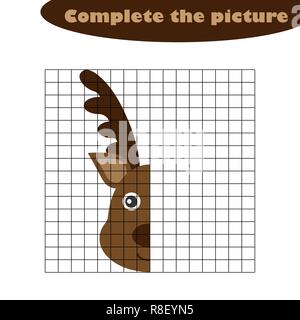 Complete the picture, deer in cartoon style, drawing skills training, educational paper game for the development of children, kids preschool activity, printable worksheet, vector illustration Stock Vector