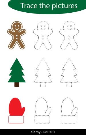 Handwriting practice sheet, christmas, trace the pictures - gingerbread, tree, mitten, kids preschool activity, educational children game, printable worksheet, writing training, vector illustration Stock Vector