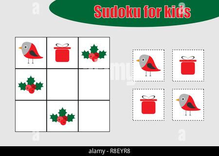 First Sudoku game with christmas pictures for children, easy level, education game for kids, preschool worksheet activity, task for the development of logical thinking, vector illustration Stock Vector