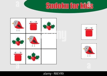 First Sudoku game with christmas pictures for children, easy level, education game for kids, preschool worksheet activity, task for the development of logical thinking, vector illustration Stock Vector