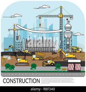 vector of busy construction site with workers , truck , crane and heavy equipment working on building structure with city view at background. construc Stock Vector