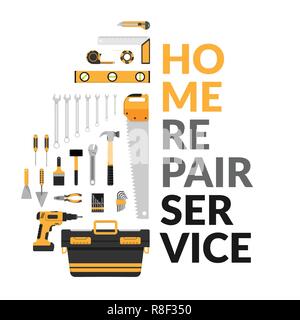 home repair service template with set of DIY home repair working tools. home repair service consulting, renovation & construction company on white bac Stock Vector