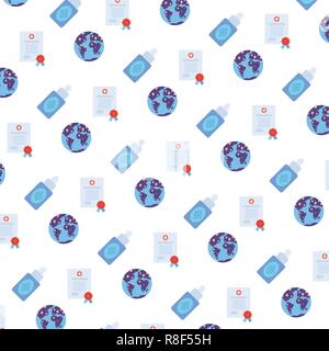 nasal spray bottle world map cross geo tags international certificate icon healthcare medical service logo medicine and health symbol concept seamless pattern flat Stock Vector