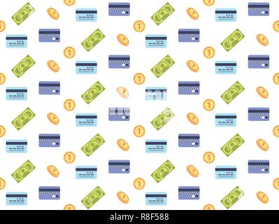 money cash banknotes credit card golden coins icon financial payment seamless pattern flat Stock Vector