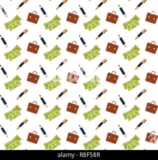 money cash banknotes briefcase pencil icon financial business concept seamless pattern flat Stock Vector