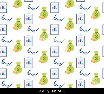 business graph document data chart clipboard glasses money bag icon financial report concept seamless pattern flat isolated horizontal Stock Vector