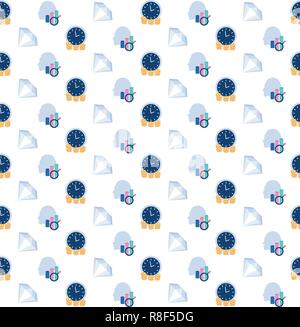 clock with golden coins diamond financial graph icon time is money deadline concept flat seamless pattern isolated Stock Vector