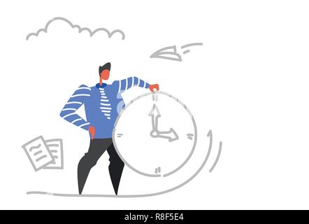 businessman holding clock time management deadline time is money concept business man male office worker sketch doodle horizontal Stock Vector