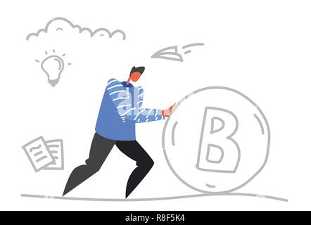 businessman pushing bitcoin money crypto currency virtual mining concept business man successful cryptocurrency sketch doodle horizontal Stock Vector