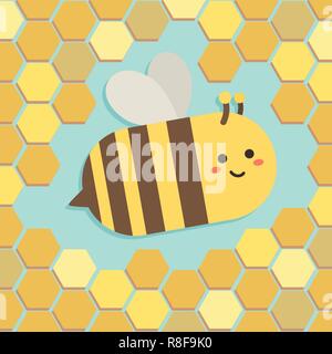Cute Bee Flying on Yellow Hexagon Beehive Pattern Vector Illustration Stock Vector