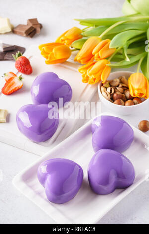 Heart shaped mousse cakes for a romantic Valentine's day. Stock Photo