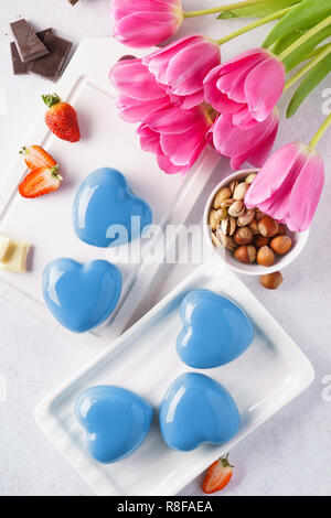 Heart shaped mousse cakes for a romantic Valentine's day. Stock Photo
