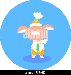 Christmas pig in yellow and white mittens, scarf, hat pom-pon on round blue background. vector Symbol of Chinese New Year 2019. Stock Vector