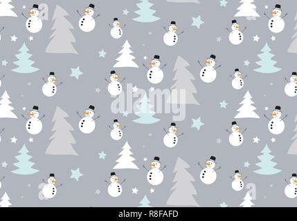 Christmas tree and snowman vector pattern Stock Vector